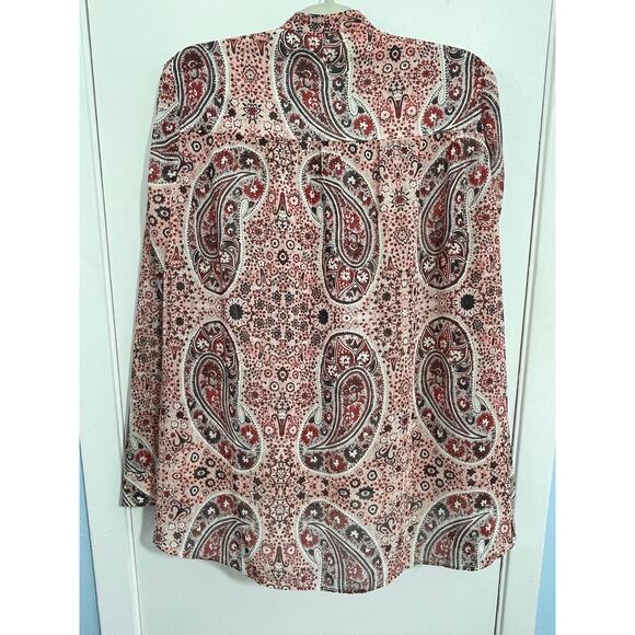 Alice & Olivia Blouse Medium Sheer Red Paisley Floral Tie Neck Preppy Modest - Picture 7 of 9